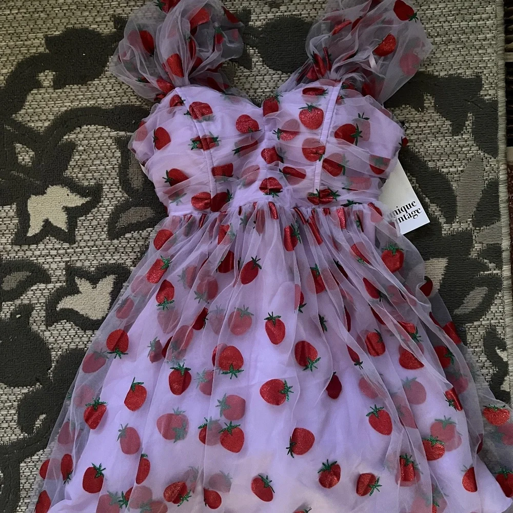UNIQUE VINTAGE LAVENDER & RED GLITTER STRAWBERRY PRINT BABYDOLL DRESS - Picture 3 of 4